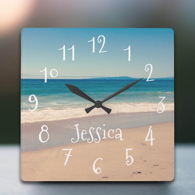 Personalized Aqua Seaside Beach Scene Square Wall Clock (Personalized Aqua Seaside Beach Scene Square Wall Clock)