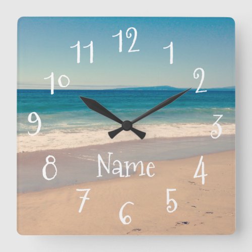 Personalized Aqua Seaside Beach Scene Square Wall Clock