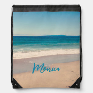 Personalized Aqua Teal Beach Photo Drawstring Bag
