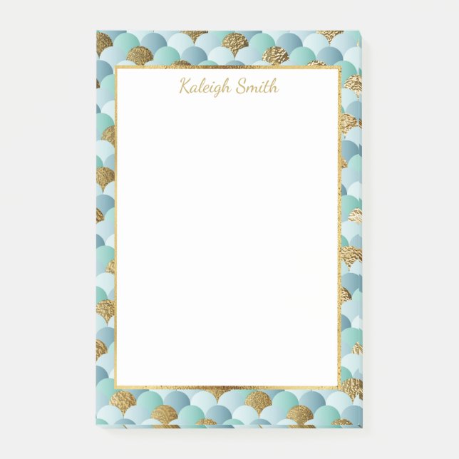 Personalized Aqua Teal Gold Mermaid Scales Post-it Notes (Front)