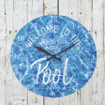 Personalized Aqua Tile Welcome to the Family Pool Large Clock<br><div class="desc">Transform your gathering with our exclusive aqua blue realistic swimming pool ceramic tile background showcasing "WELCOME TO THE Anderson Family Pool - est. 20XX -". Make this special family memento your own now by personalizing this template. For any customization support, contact us at ybnormalone@gmail.com. Thank you for visiting www.zazzle.com/Personal_Creations. ©Karen...</div>