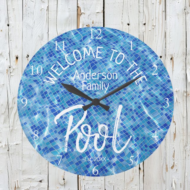 Personalized Aqua Tile Welcome to the Family Pool Large Clock (Creator Uploaded)