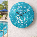 Personalized Aqua Water Welcome to the Family Pool Large Clock<br><div class="desc">Transform your gathering with our exclusive aqua blue realistic swimming pool water background showcasing "WELCOME TO THE Anderson Family Pool - est. 20XX -". Make this special family memento your own now by personalizing this template. For any customization support, contact us at ybnormalone@gmail.com. Thank you for visiting www.zazzle.com/Personal_Creations. ©Karen Hall...</div>