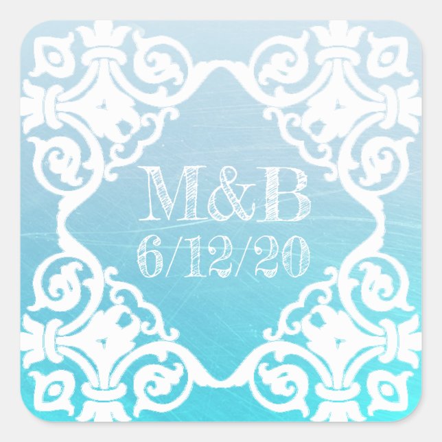 Personalized Aqua Wedding Date & Initials Sticker (Front)