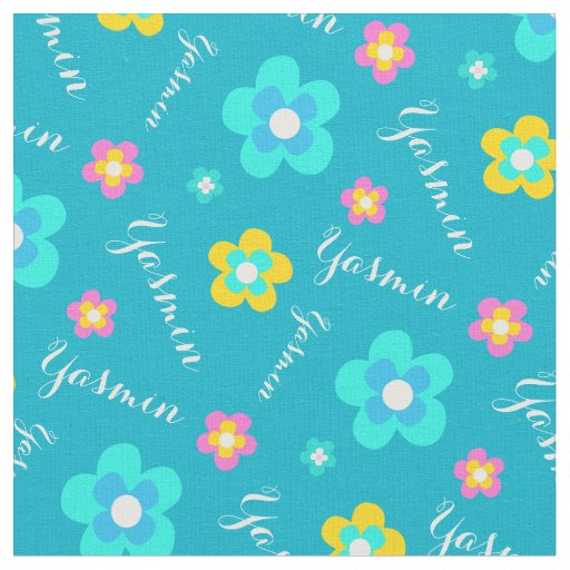 Personalized aqua white pink yellow name pattern fabric