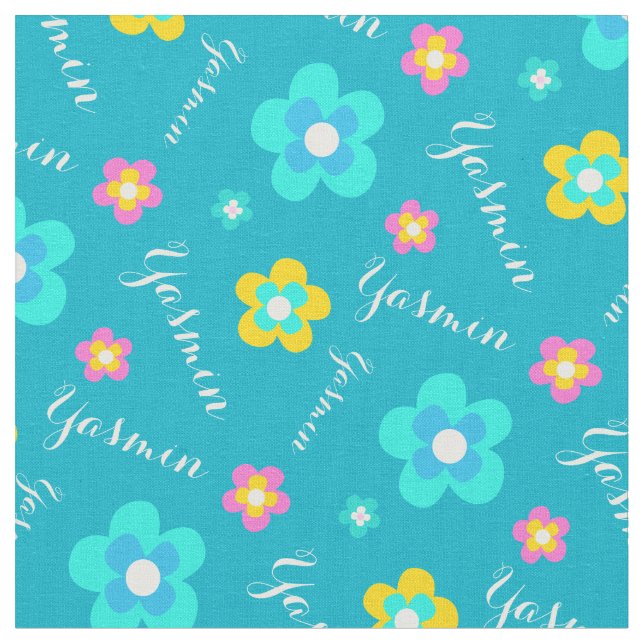 Personalized aqua white pink yellow name pattern fabric (Close Up)