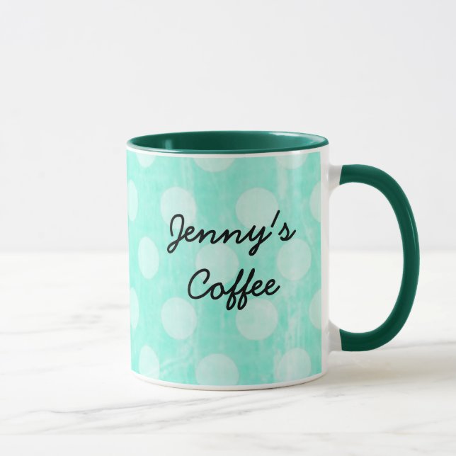 Personalized Aqua White Polka Dotted Coffee Mug (Right)
