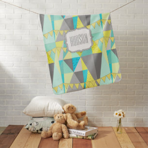 Personalized Aqua Yellow Gray Triangle Pattern Receiving Blanket