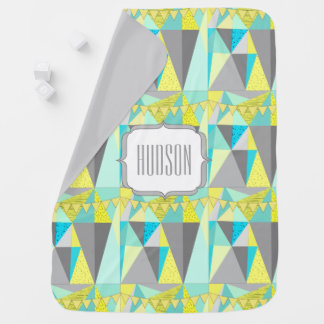 Personalized Aqua Yellow Gray Triangle Pattern Stroller Blanket