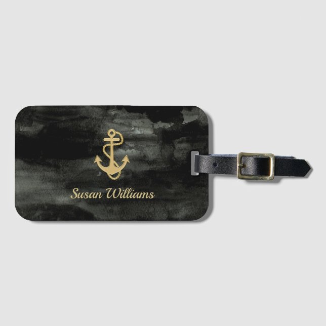 Personalized aquarel black and gold luggage tag (Front Horizontal)