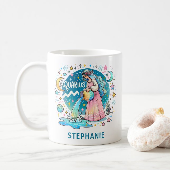 Personalized Aquarius Zodiac Water Bearer  Coffee Mug (With Donut)