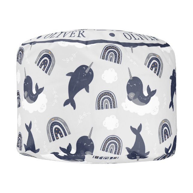 Personalized Aquatic Boho Narwhals Under The Sea Pouf (Front)