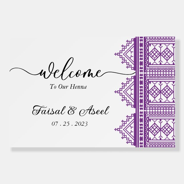 Personalized Arab Henna Welcome Sign In Violet (Front)