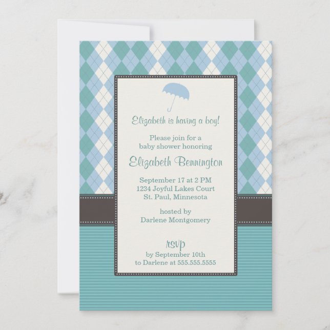 Personalized Argyle Boy Baby Shower Invitations (Front)