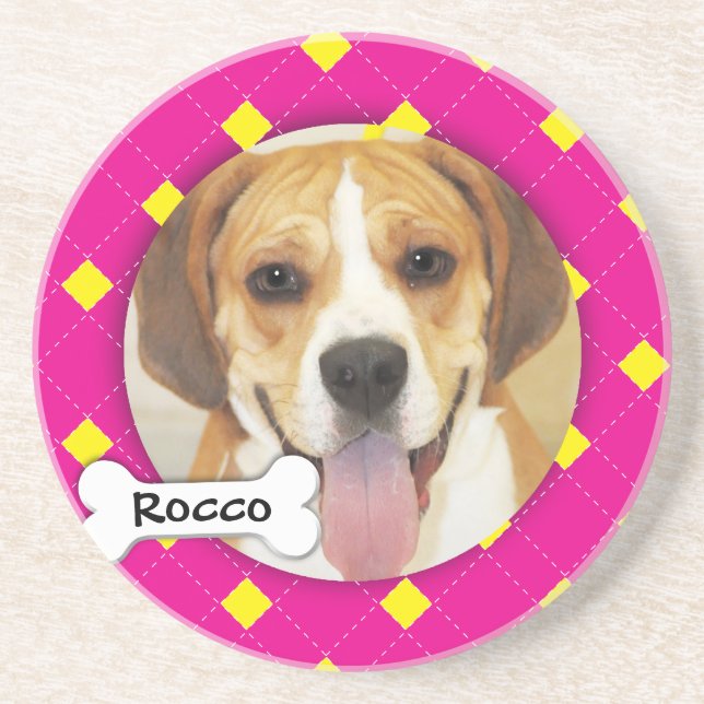 Personalized Argyle Dog Photo Sandstone Coaster (Front)