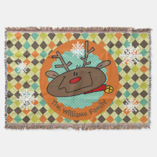 Personalized Argyle Reindeer Holiday Throw Blanket