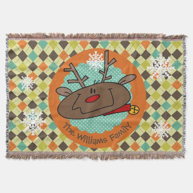 Personalized Argyle Reindeer Holiday Throw Throw Blanket (Front)