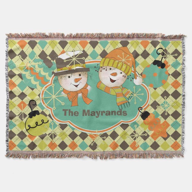 Personalized Argyle Snowmen Holiday Throw Blanket (Front)