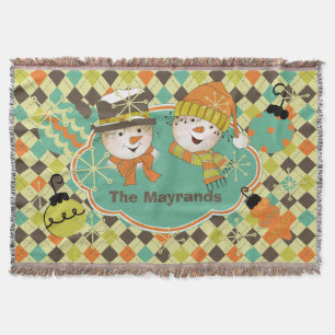 Personalized Argyle Snowmen Holiday Throw Throw Blanket