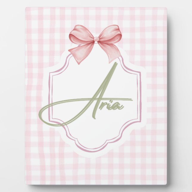 Personalized Aria Baby Girl Nursery Bow&Gingham  Plaque (Front)