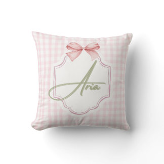 Personalized Aria Baby Girl Nursery Bow&Gingham  Throw Pillow