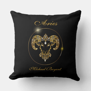 Personalized Aries Zodiac Sun Sign Black Gold Throw Pillow