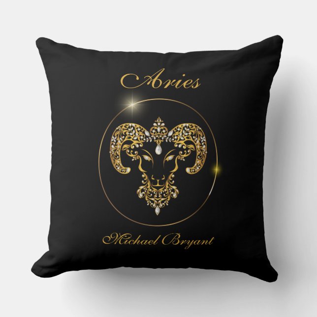 Personalized Aries Zodiac Sun Sign Black Gold  Throw Pillow (Front)