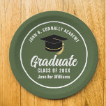 Personalized Army Green Graduation Party Paper Plates<br><div class="desc">This army green custom graduation party paper plate features classy typography of your military academy,  high school,  or college name for the class of 2025. Customize with your graduating year under the chic white handwritten script and black grad cap for great personalized graduate decor.</div>