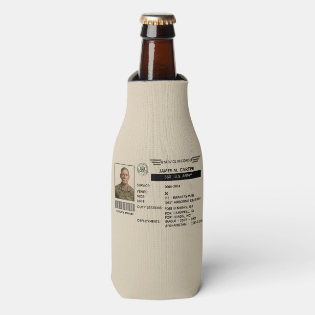 Personalized Army Service Record Gift Bottle Cooler (Bottle Front)