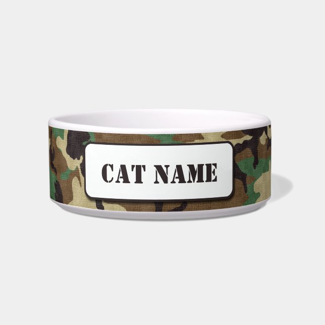 Personalized Army Woodland Camouflage Cat Bowl (Front)