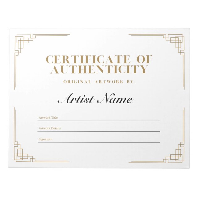 Personalized Art Deco Certificate of Authenticity  Notepad (Front)