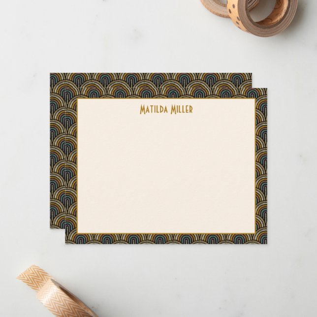 Personalized Art Deco Embroidered-Style Note Card (Front/Back In Situ)