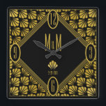 Personalized Art Deco Fan Pattern Couple Monogram Square Wall Clock<br><div class="desc">A stunning art deco wall clock for the happy  newly weds or golden anniversary couple in typical period gold and black colors and with fan decor You can easily personalize the two initials and the date as needed. An original design available exclusively at ©Oh_Nostalgia online store. All rights reserved.</div>