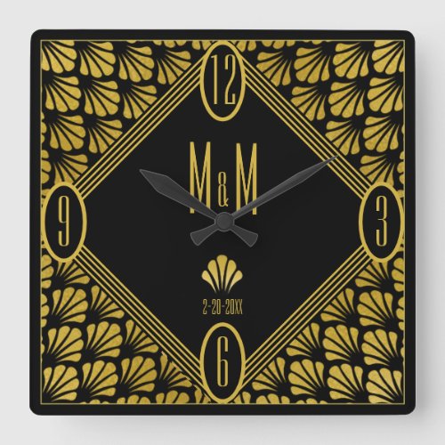 Personalized Art Deco Fan Pattern Couple Monogram Square Wall Clock