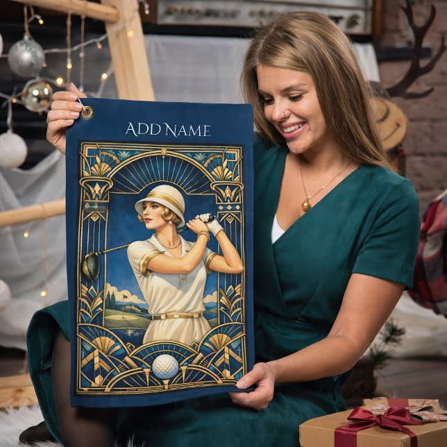 Personalized Art Deco Golf Towel (Woman golfer with deco golf towel)