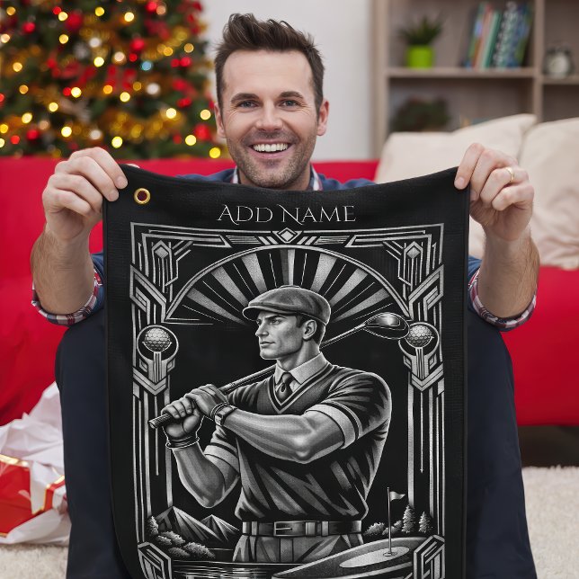Personalized Art Deco Golf Towel (Male golfer with deco golf towel)
