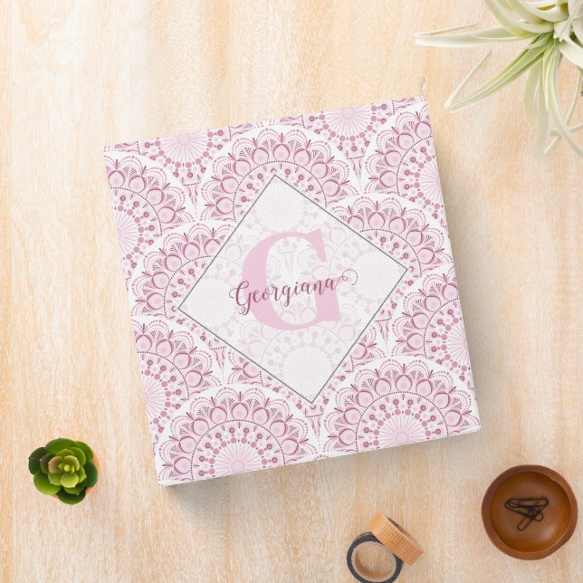 Personalized Art Deco Pink Confetti Lace Mandala 3 Ring Binder (In Situ)