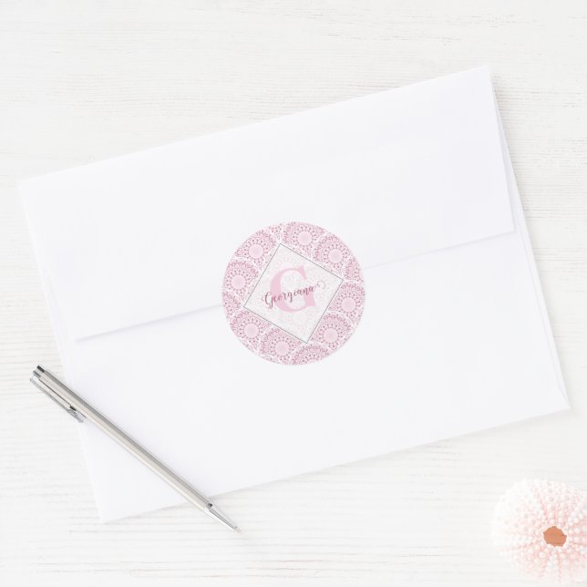 Personalized Art Deco Pink Confetti Lace Mandala Classic Round Sticker (Envelope)