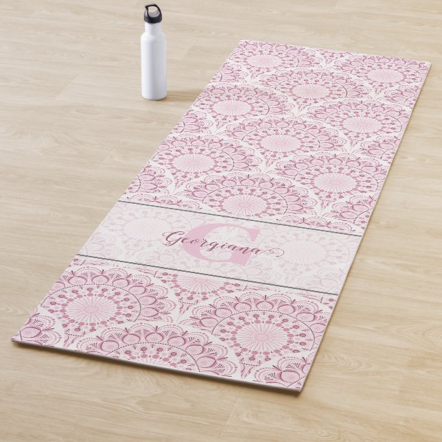 Personalized Art Deco Pink Confetti Lace Mandala Yoga Mat (In Situ)