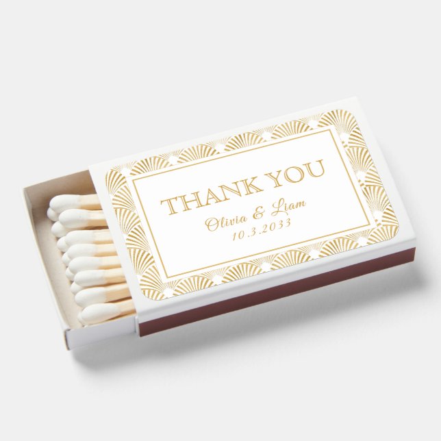 Personalized Art Deco Thank You Wedding Favor Matchboxes (Front Open)