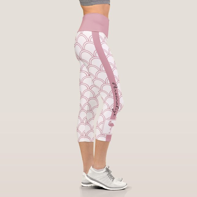 Personalized Art Deco Wave Patten Pink Flamingo Capri Leggings (Right)