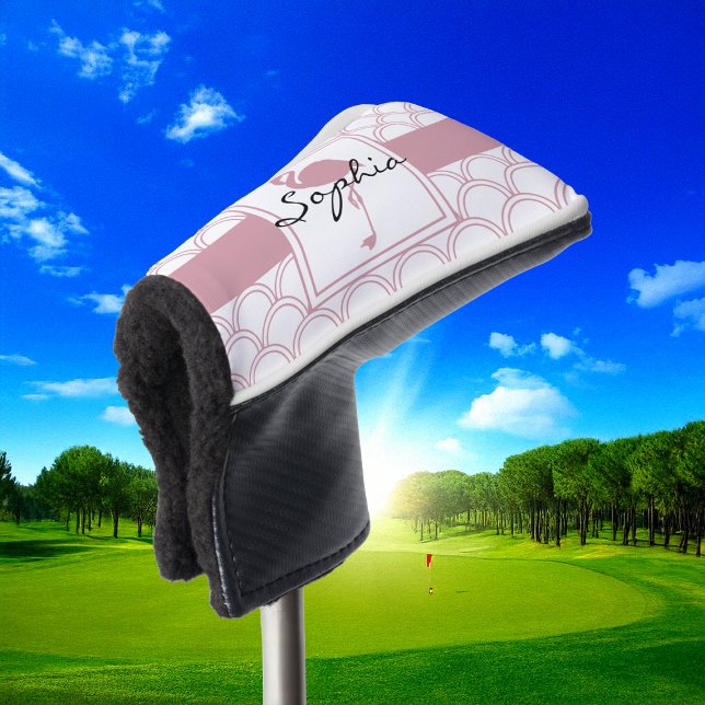 Personalized Art Deco Wave Patten Pink Flamingo Golf Head Cover (Creator Uploaded)