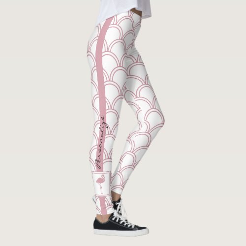 Personalized Art Deco Wave Patten Pink Flamingo Leggings