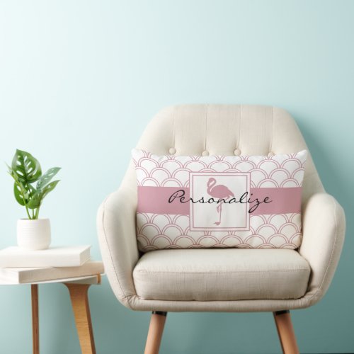 Personalized Art Deco Wave Patten Pink Flamingo Lumbar Pillow