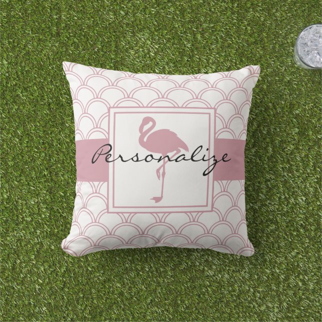 Personalized Art Deco Wave Patten Pink Flamingo Outdoor Pillow (Grass)