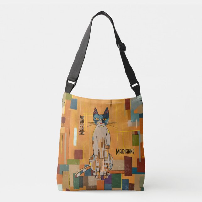 Personalized Art Nouveau Klimt-inspired Gold Cat Crossbody Bag (Front)