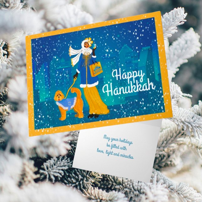 Personalized Art Nouveau Lady with Doodle Dog Holiday Card (A beautiful snowy night for Hanukkah shopping. I think her Doodle Dog approves!)