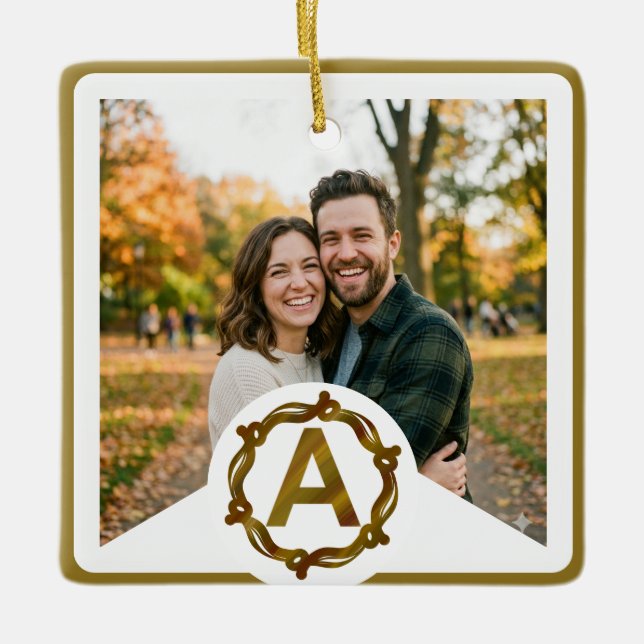 Personalized Artisan Monogram A | Wood Frame Ceramic Ornament (Front)