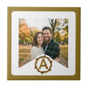 Personalized Artisan Monogram A Wood Frame Ceramic Tile
