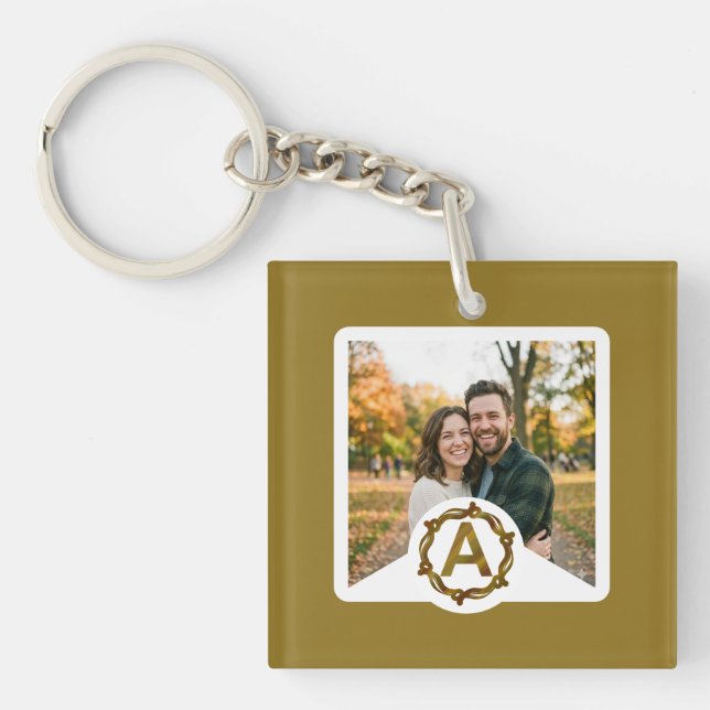 Personalized Artisan Monogram A | Wood Frame Keychain (Front)